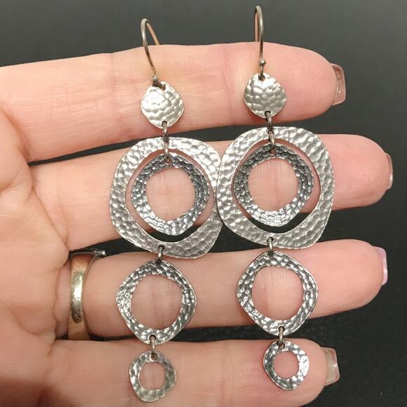 Signed M Sterling Silver 3in Long Dangle Drop Hammered Abstract Circle Earrings - Picture 1 of 14